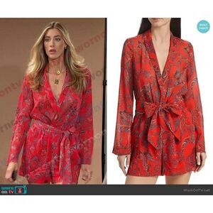 L'AGENCE Arabell Paisley Tie-Waist Romper Fire Red 6
